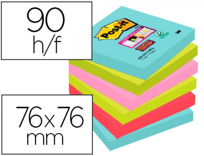  6 blocs  POST-IT Bloc-notes post-it super sticky couleurs miami 76x76mm 