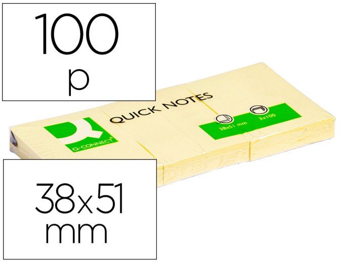 Bloc-notes q-connect quick notes 38x51mm 3 blocs 100f repositionnables coloris jaune.