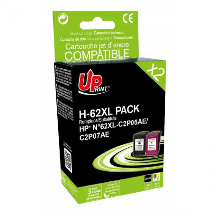 UPRINT H-62XL-BK/CL PACK 2 CARTOUCHES COMPATIBLES AVEC HP N°62XL - C2P05AE/C2P07AE