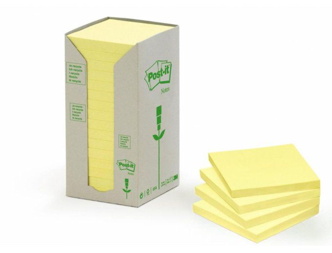 Bloc-notes POST-IT papier recyclé 76x76mm 100f/bloc repositionnables coloris jaune tour 16 blocs.