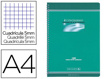 Cahier CONQUERANT sept reliure intégrale couverture offset A4 21x29,7cm 100 pages 70g 5x5mm.