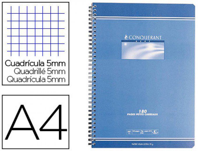 Cahier CONQUÉRANT  Spirales reliure intégrale couverture offset A4 21x29,7cm 180 pages 70g 5x5mm.