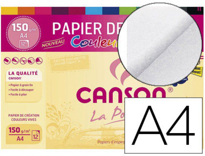 Papier dessin CANSON colorline grain fin 150g A4 coloris vifs pochette 12f.