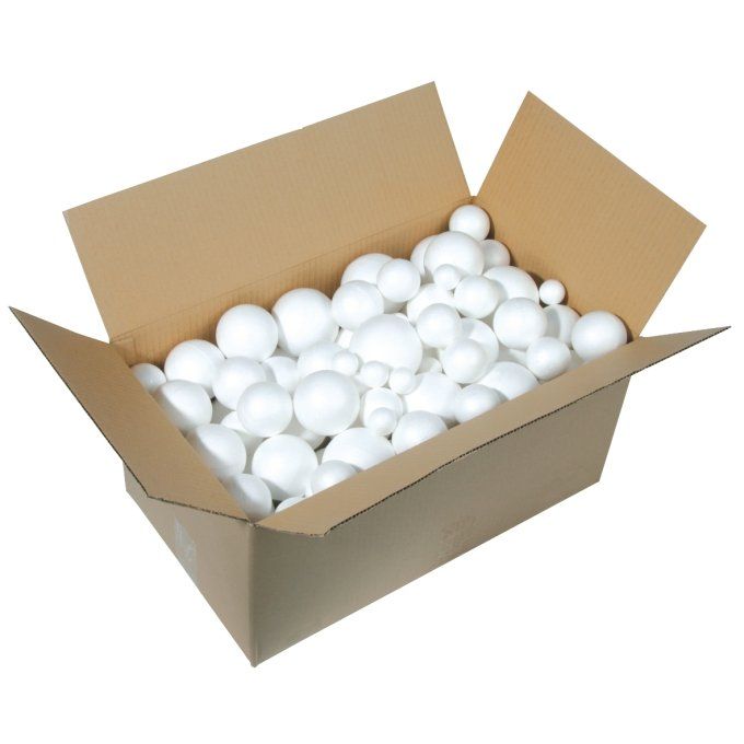Carton de 100 boules polystyrène blanches avec 5 diamètres assortis : 30mm, 50mm, 60mm, 70mm et 80mm