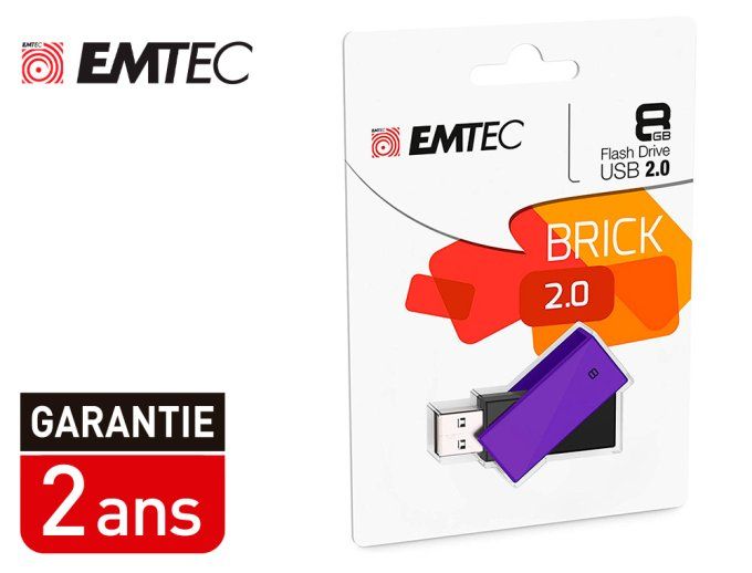 Cle usb emtec 2.0 c350 brick pivotante 8gb vitesse lecture 15mbs ecriture mb/s coloris violet.