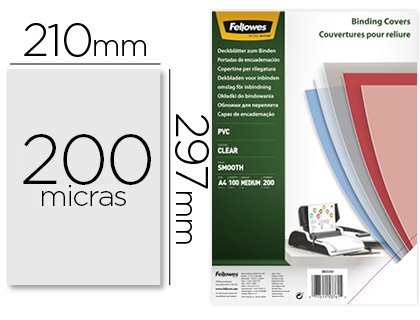 Couverture FELLOWES pvc transparent grammage prestige 20/100e format a4 paquet 100 unités.