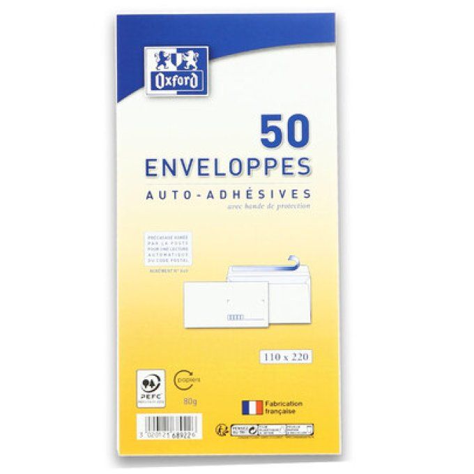 50 enveloppes pré-casées DL auto-adhésives blanches OXFORD 80g