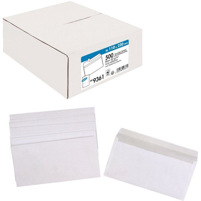 Boîte de 500 enveloppes blanches DL 110x220 80g/m² bande de protection. La couronne