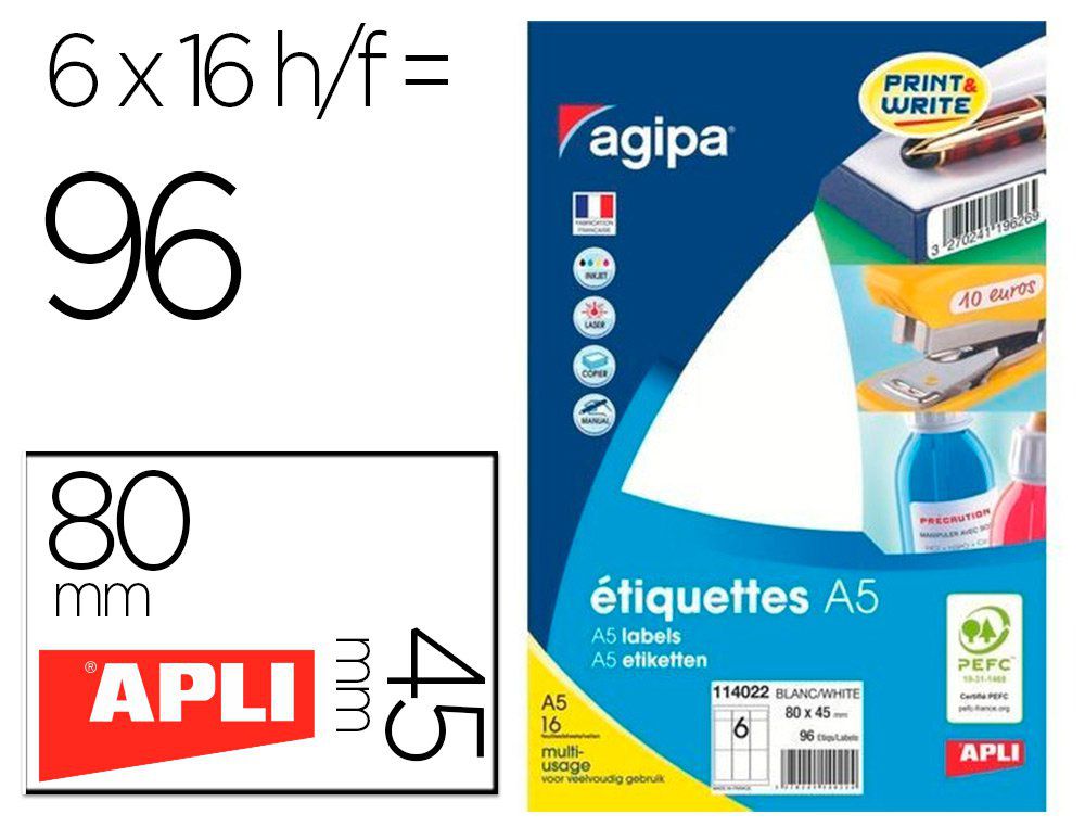 Étiquettes adhésives APLI AGIPA 80x45mm multiusage étui A5 96u.