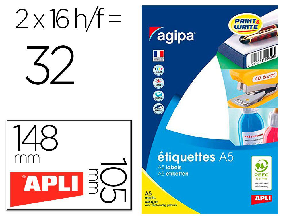Étiquettes adhésive APLI AGIPA multi-usage rectangulaire permanente 105x148mm toute imprimante  32 U