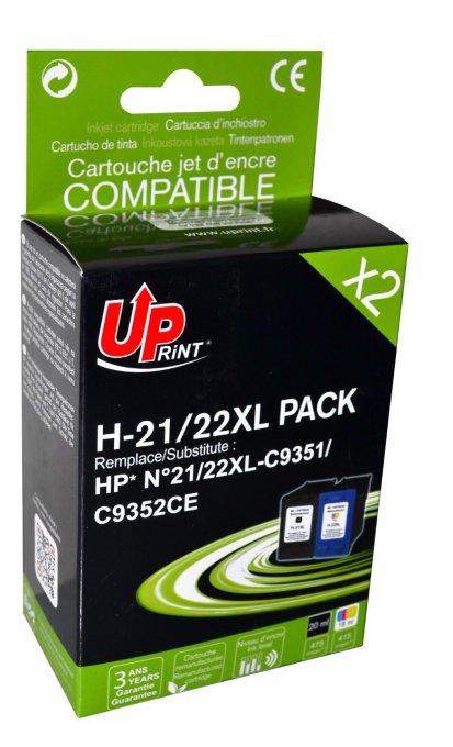 UPRINT H-21/22XL BK/CL PACK 2 CARTOUCHES COMPATIBLES AVEC HP N°21XL / N°22XL - C9351CE / C9352CE