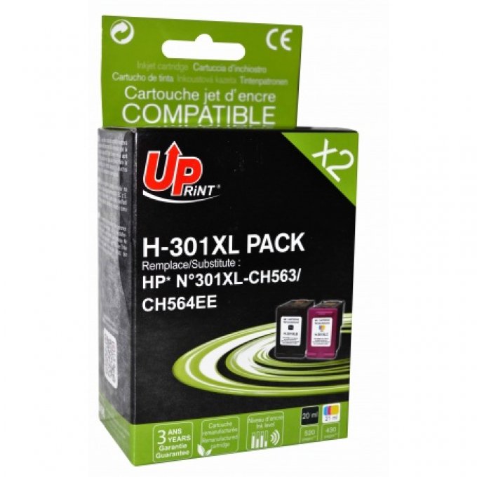 UPRINT H-301XL BK/CL PACK 2 CARTOUCHES COMPATIBLES AVEC HP N°301XL - CH563EE / CH564EE