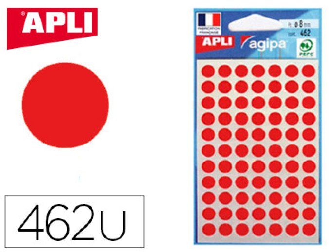 Pastille adhésive apli agipa diamètre 8 mm coloris rouge pochette 462 unités.
