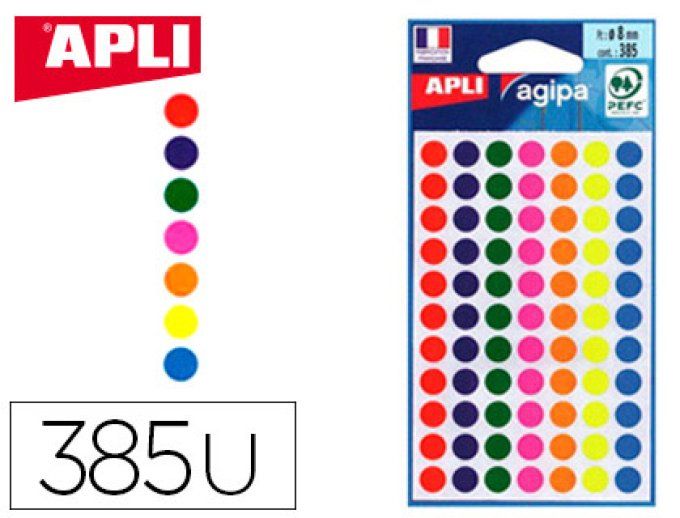 Pastille adhésive apli agipa diamètre 8 mm coloris assortis pochette 385 unités.