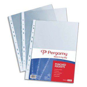 Boîte 100 pochettes PERGAMY perforées polypropylène lisse 12/100ème format A4. 