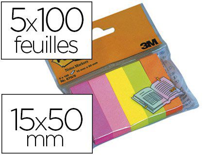 Marque-pages POST-IT papier notes markers 15x50mm coloris néon lot 5 blocsx100f.
