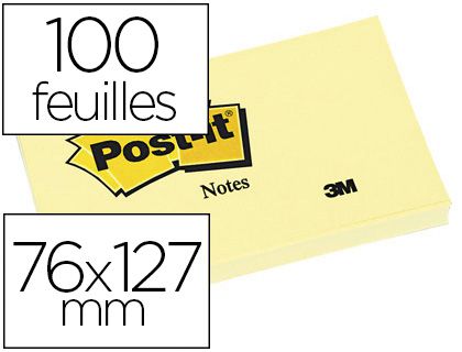 Bloc-notes POST-IT 655 76x127mm 100f/bloc repositionnables coloris jaune.
