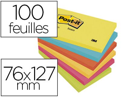 Bloc-notes POST-IT couleurs énergiques 76x127m 100f repositionnables 5 coloris assortis 6 blocs.