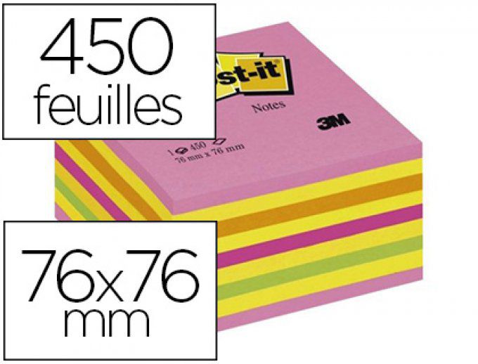 Bloc-notes POST-IT cube 76x76mm 450f repositionnables coloris énergie intense 2028-np.