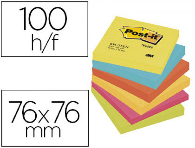 6 Bloc-notes POST-IT couleurs énergiques 76x76mm de 100f repositionnables 5 coloris assortis 