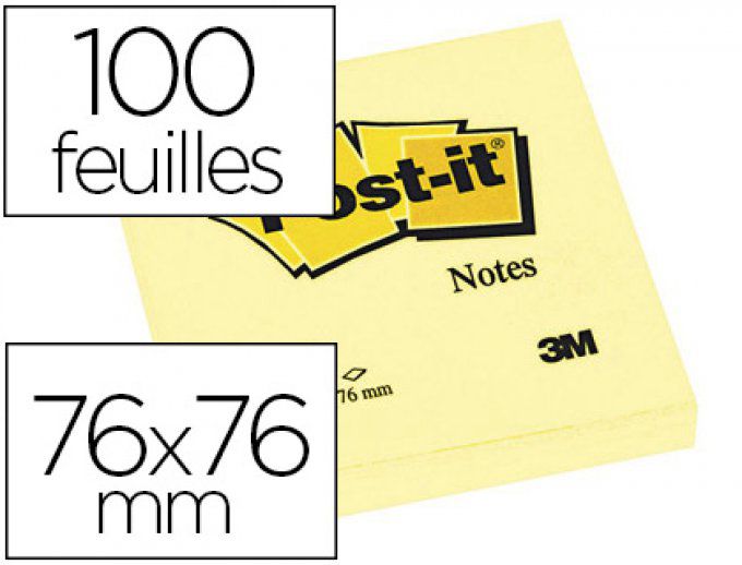 Bloc-notes POST-IT 654 76x76mm 100f/bloc repositionnables coloris jaune.