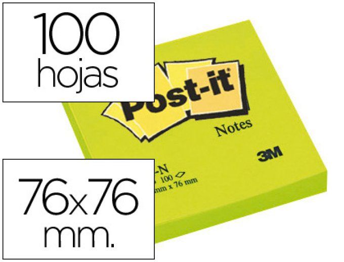 Bloc-notes post-it couleurs néon 76x76mm 100f repositionnables coloris vert fluo.