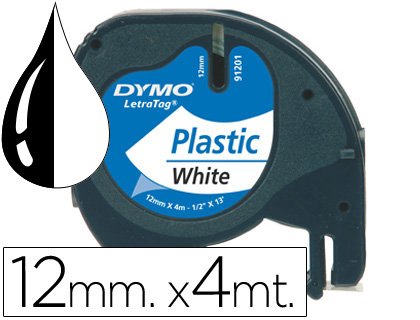 Ruban titreuse dymo letratag support plastique 12mmx4m coloris impression noir/blanc.