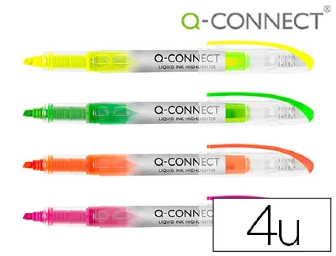 Surligneur q-connect slim liquid ink non rechargeable pointe biseautée couleurs assorties pochette 4