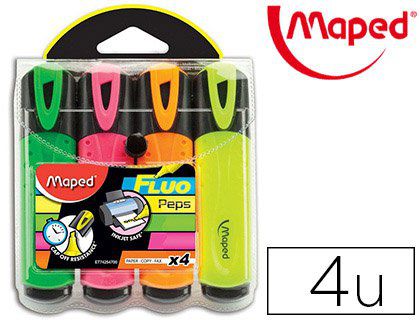 Surligneur MAPED fluo'peps fluorescent classique pochette 4 unités vert jaune rose orange.