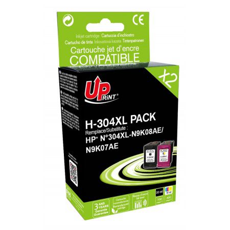 UPRINT H-304XL BK/CL PACK 2 CARTOUCHES COMPATIBLES AVEC HP N°304XL - N9K08AE / N9K07AE